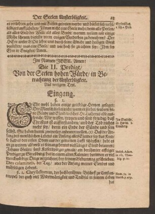 Die II. Predigt/ Von der Seelen hohen Würde/ in Betrachtung der Unsterbligkeit. Aus vorigem Text.