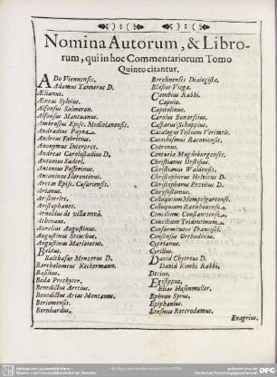 Nomina Autorum, & Librorum qui in hoc Commentariorum Tomo Quinto citantur