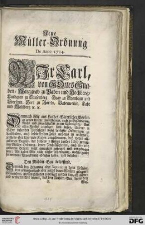 Neue Müller-Ordnung : De Anno 1714 ; [Datum Carlsburg den 5. Januar. Anno 1714.]