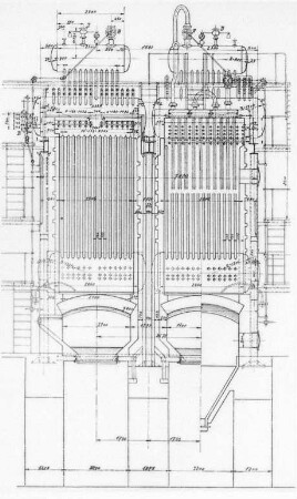 Steilrohrkessel, Fünf-Trommel-Typ, Querschnitt (Hanomag, Hannover) : Technikgeschichte | Maschinenbau | Kraftmaschinen | Dampfkesselalagen, Feuerungen