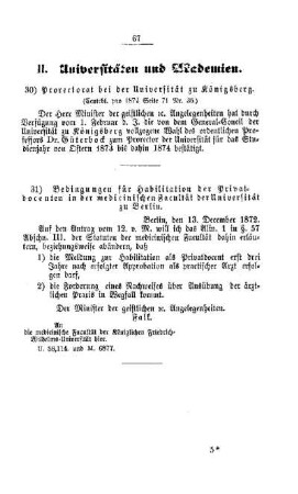 Bedingungen für Habilitation der Privatdocenten in der medicinischen Facultät der Universität zu Berlin : [II. Universitäten und Akademien]