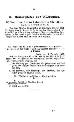 Bedingungen für Habilitation der Privatdocenten in der medicinischen Facultät der Universität zu Berlin : [II. Universitäten und Akademien]