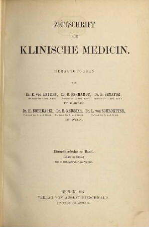 Zeitschrift für klinische Medizin. 31. 1897