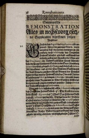 Summarische Remonstration Alles in nechstvorgesetzter Supplication begriffenen irrigen Angebens.