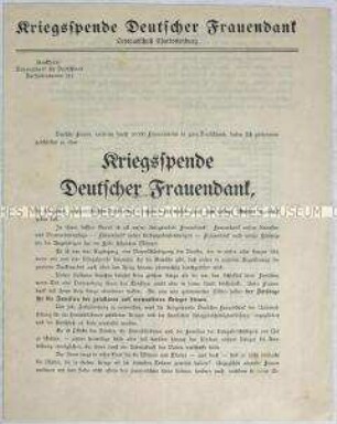 Rundschreiben mit Werbung für die "Kriegsspende Deutscher Frauendank" und einer Liste der Mitglieder