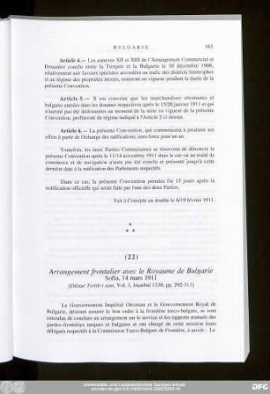 (22) Arrangement frontalier avec le Royaume de Bulgarie Sofia, 14 mars 1911