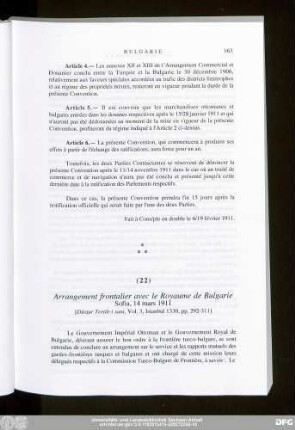 (22) Arrangement frontalier avec le Royaume de Bulgarie Sofia, 14 mars 1911
