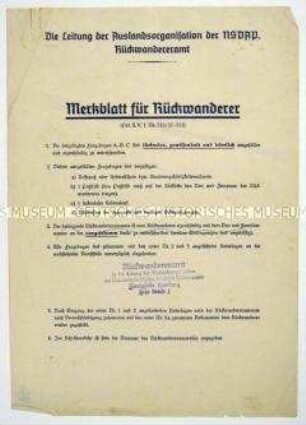 Merkblatt des Rückwandereramtes der Auslandsorganisation der NSDAP, Zweigstelle Hamburg