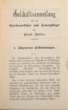 Geschäftsanweisung für die Bezirksvorsteher und Armenpfleger der Stadt Fulda.