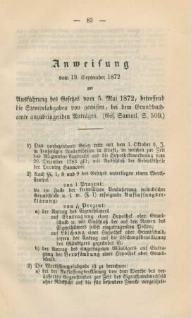 Anweisung vom 19. September 1872 zur Ausführung des Gesetzes vom 5. Mai 1872, betreffend die Stempelabgaben von gewissen, bei dem Grundbuchamte anzubringenden Anträgen