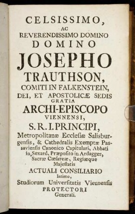 Celsissimo, ac reverendissimo domino Domino Josepho Trauthson,[...]