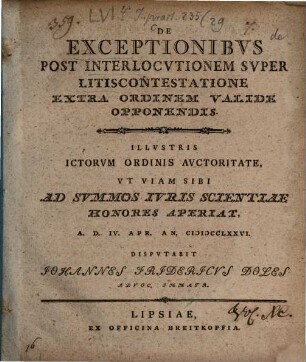 De Exceptionibvs Post Interlocvtionem Svper Litiscontestatione Extra Ordinem Valide Opponendis