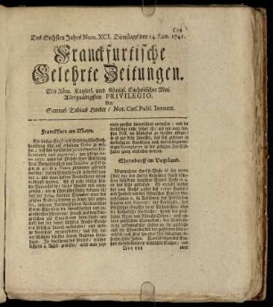 Num. XCI. Dienstags den 14. Nov. 1741 - Num. C. Freytags den 15. Dec. 1741