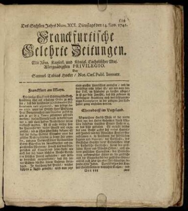 Num. XCI. Dienstags den 14. Nov. 1741 - Num. C. Freytags den 15. Dec. 1741