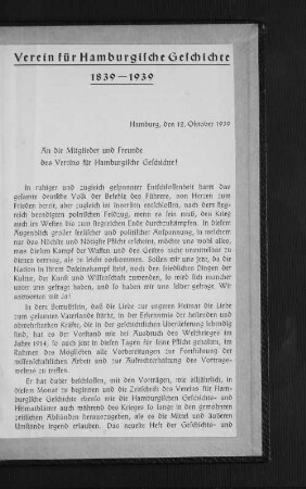 Verein für Hamburgische Geschichte 1839-1939