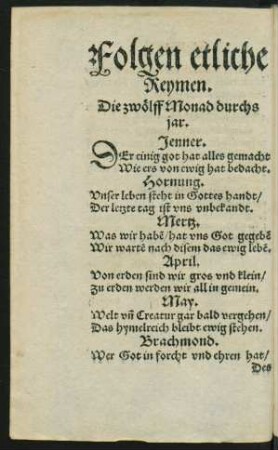 Folgen etliche Reymen. Die zwölff Monad durchs jar.