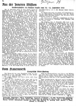 Aus der Inneren Mission : Hundertjahrfeier des Rauhen Hauses vom 10. - 12. September 1933