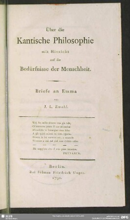 Über die Kantische Philosophie mit Hinsicht auf die Bedürfnisse der Menschheit : Briefe an Emma