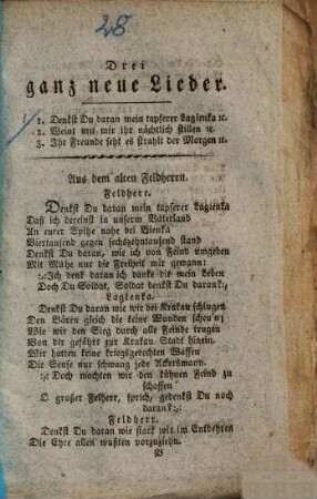 Drei ganz neue Lieder : 1. Denkst Du daran mein tapferer Lagienka [et]c. ...
