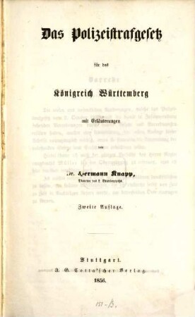 Das Polizeistrafgesetz für das Königreich Württemberg : mit Erl.