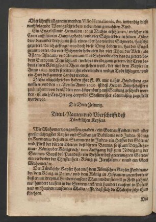 Die Dritte Zeitung. Titul/ Namen und Oberschrifft deß Türckischen Keysers.
