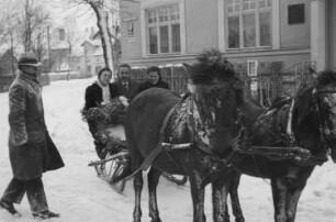 Bad Wörishofen. Hochzeit von Nikolaus Grasser, Bruder des Fotografen. Hochzeitsgäste auf einem Schlitten