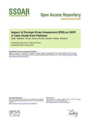 Impact of Foreign Direct Investment (FDI) on GDP: A Case Study from Pakistan