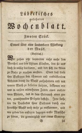 Lübeckisches gelehrtes Wochenblatt. Zwotes Stück.