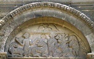 Westfassade: Portal — Tympanonrelief: Daniel in der Löwengrube und der Sündenfall