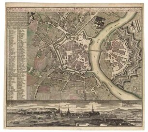 Stadtplan von Dresden, Altstadt und Neustadt, mit Befestigungsanlagen und Vorstädten, Wappen, Stadtbeschreibung und Legende sowie einer Stadtansicht von Norden über die Neustadt und die Elbe auf die Altstadt mit Legende