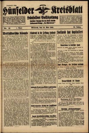 Erste Ausgabe vom Mittwoch, den 15. Mai 1940.