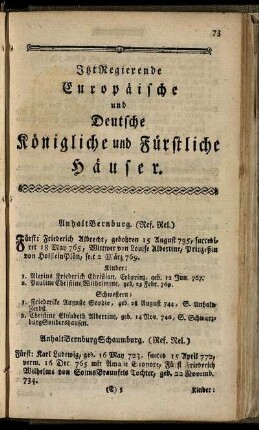 Itzt Regierende Europäische und Deutsche Königliche und Fürstliche Häuser