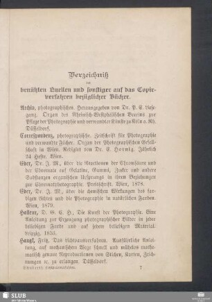 Verzeichniß der benützten Quellen und sonstiger auf das Copirverfahren bezüglicher Bücher