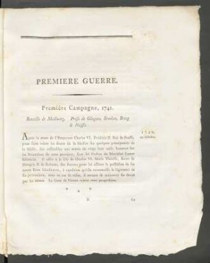 Première Campagne, 1741. Bataille de Mollwitz. Prise de Glogau, Breslau, Brieg & Neisse.