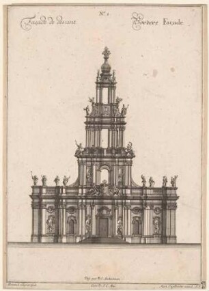 Die Katholischen Hofkirche (Kathedrale) in Dresden, Aufrisse der Schmalfassaden, aus Engelbrechts Architekturwerk "Unterschiedliche architectonische Risse und Anleitungen ..."