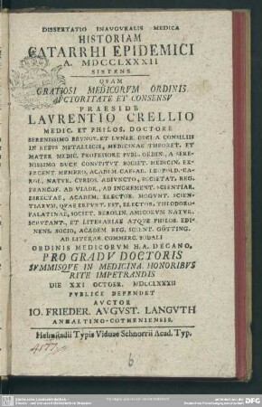 Dissertatio Inauguralis Medica Historiam Catarrhi Epidemici A. MDCCLXXXII Sistens