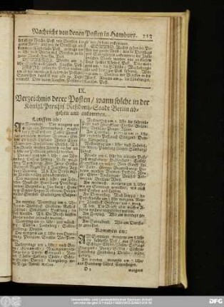 IX. Verzeichnis derer Posten, wann solche in der Königl. Preußis. Residentz-Stadt Berlin abgehen und ankommen.