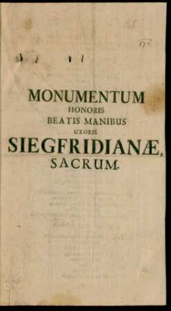 Monumentum Honoris Beatis Manibus Uxoris Siegfridianæ, Sacrum