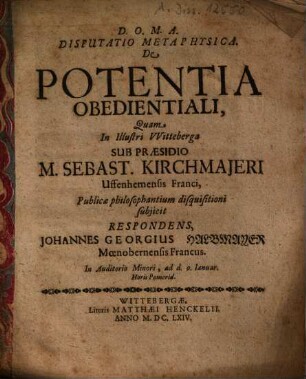 Disputatio Metaphysica, De Potentia Obedientiali