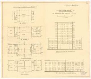 Randbebauung des Tempelhofer Feldes, Berlin: Grundrisse zum Turmhaus 1:200; Straßenansicht des Turmhauses 1:200; Teilansicht der Gruppe 1:200; Vordere Gesamtansicht 1:200