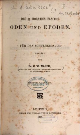 Des Q. Horatius Flaccus sämmtliche Werke : für den Schulgebrauch erklärt. 1, Oden und Epoden