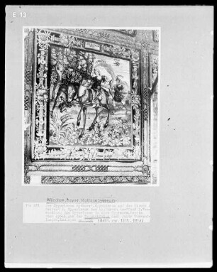 Der Cyparissus Mythos: 1. Cyparissus auf den Hirsch zureitend, 2. Cyparissus den hl. Hirsch treffend, 3. Verwandlung des Cyparissus in eine Cypresse, rechts oben: Apoll, aus der Teppichfolge nach Ovids Metamorphosen
