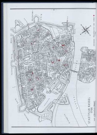 Stadtplan von Kassel mit markierten Adressen von 1766