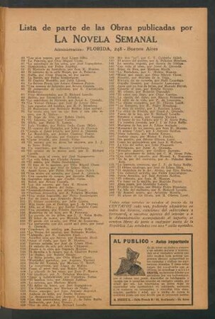 Lista de parte de las obras publicadas por "La Novela Semanal"