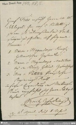Eigenh. Brief u. 3 gedr. Eintritts-Billets zu Vorlesungen von Fries Moritz an August Wilhelm von Schlegel, Wien, 04.04.1808