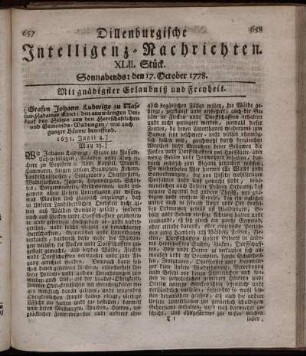 XLII. Stück. Sonnabends: den 17. October 1778.