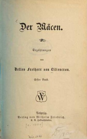 Der Mäcen : Erzählungen von Detlev Freiherr von Liliencron, 1
