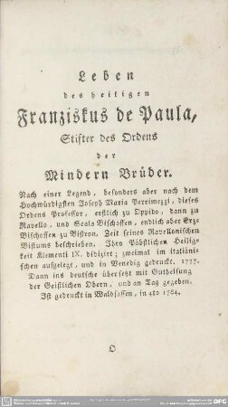 Leben des heiligen Franziskus de Paula, Stifter des Ordens
