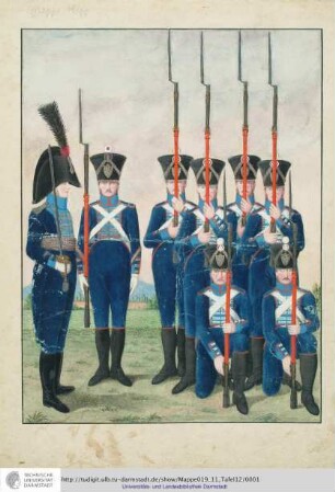 Abbildung Des Gros[s]herzoglich Hessischen Militair. [Tafel 12: Leib-Regiment; Ein Subaltern-Offizier, ein Sergeant und sechs Mannschaften der ersten Kompanie]. S.l.e.a. [ca. 1813/14]