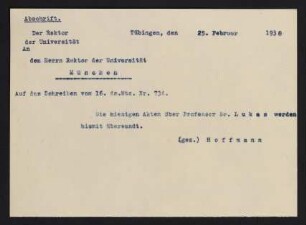 Rektor Universität Tübingen an Rektor Universität München 25.2.1938